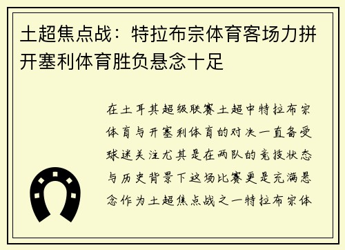 土超焦点战：特拉布宗体育客场力拼开塞利体育胜负悬念十足